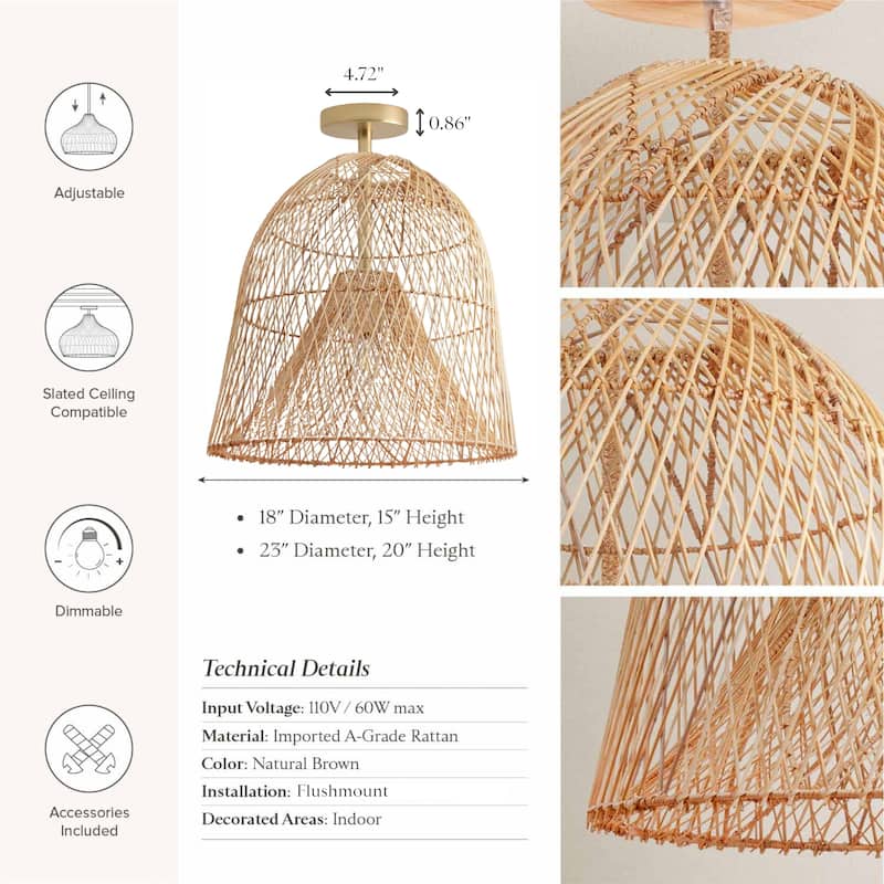 Santa Barbara Rattan Flush Mount - Rattan Natural Handwoven Ceiling Light for Living Room or Hallway in Modern, Farmhouse Style