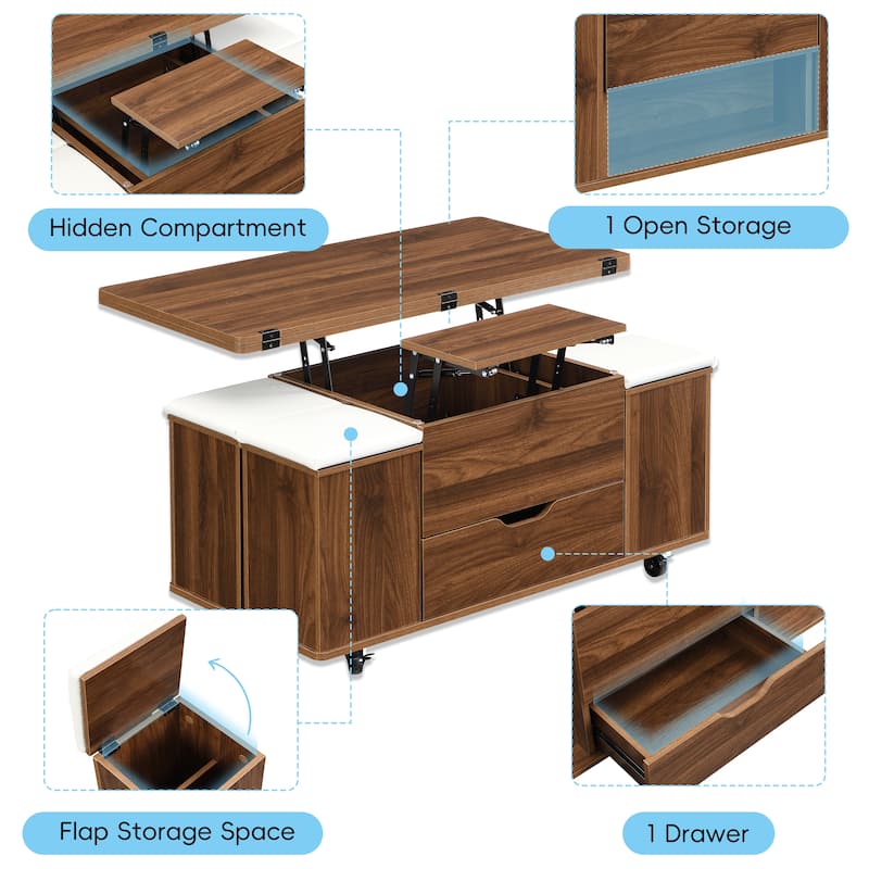 Multi-Functional Lift-Top Coffee Table with Hidden Storage, 4 Stools & Casters, Modern Center Table for Small Spaces