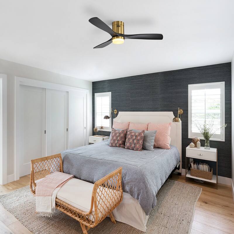 Sofucor 42/52 Inch Low Profile Flush Mount Ceiling Fan with Light,Remote Control,Solid wood/ABS Blades,Reversible Quiet DC Motor