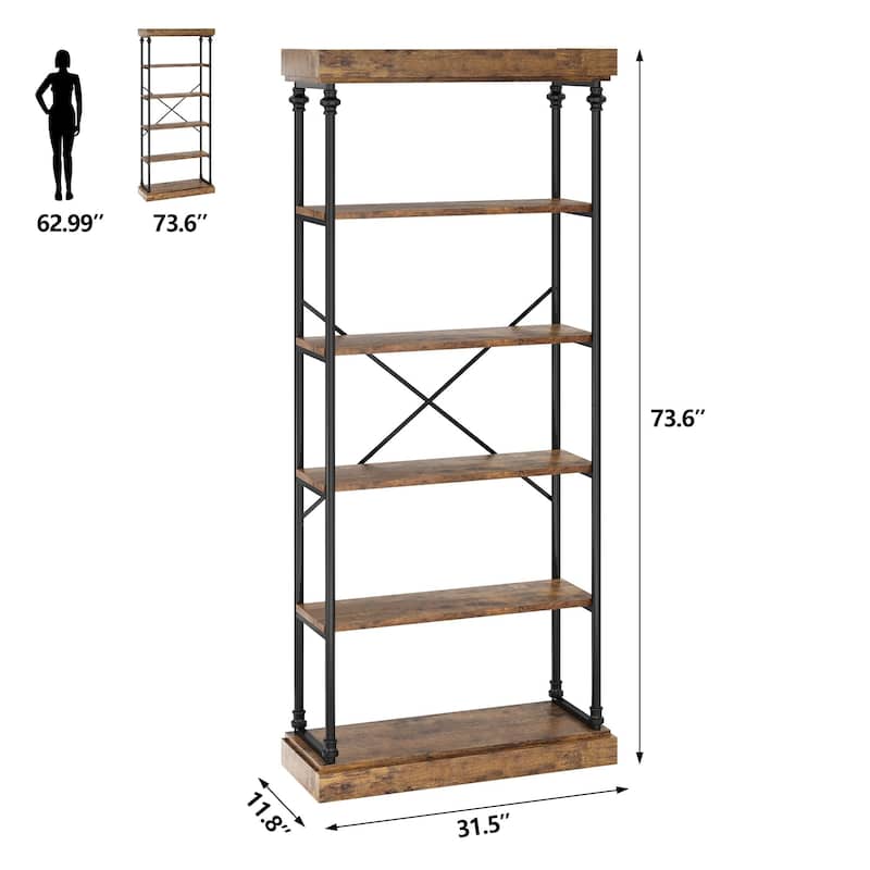 Bookshelf Industrial Bookcase Wooden Storage Open Rack Shelf with Metal Frame
