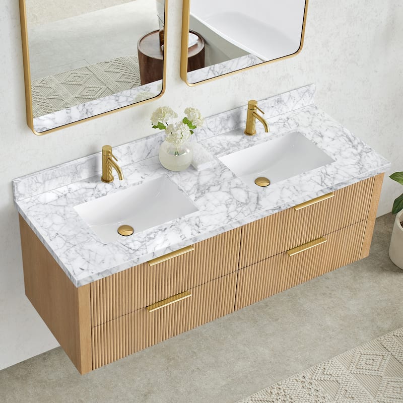 Zevio Natural Marble Vanity Top in Carrara White with Ceramic Sink - 61"W x 22"D - Carrara White