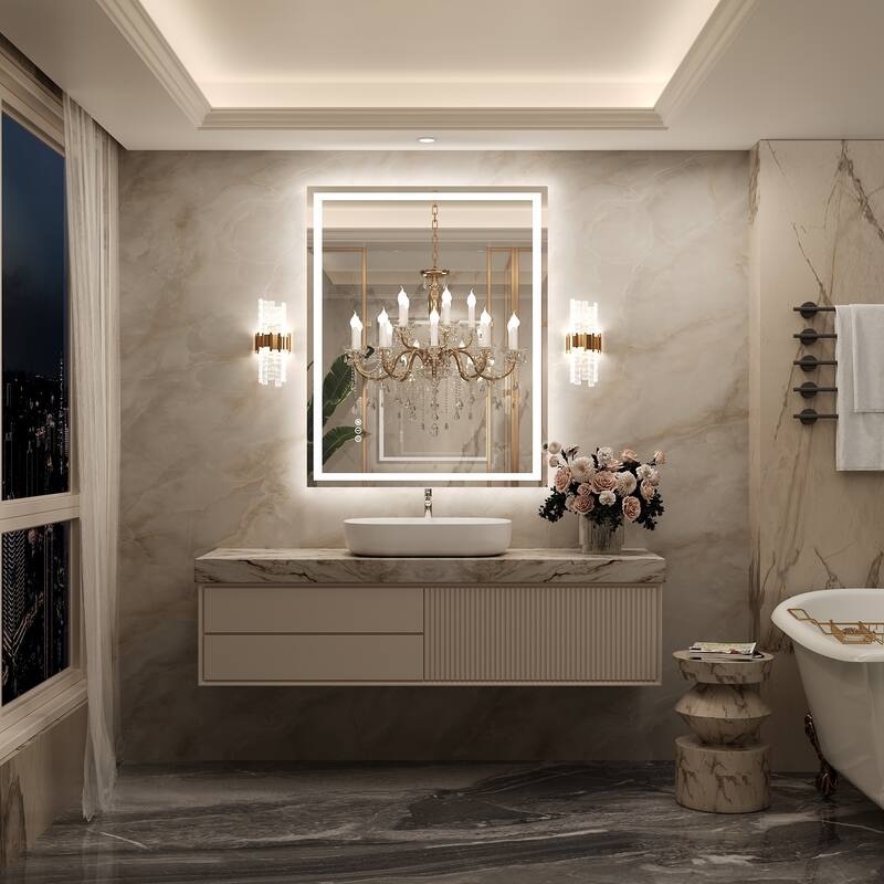 Frameless LED Front Light and Backlit 3 Colors Dimmable Anti-Fog Wall Bathroom Vanity Mirror