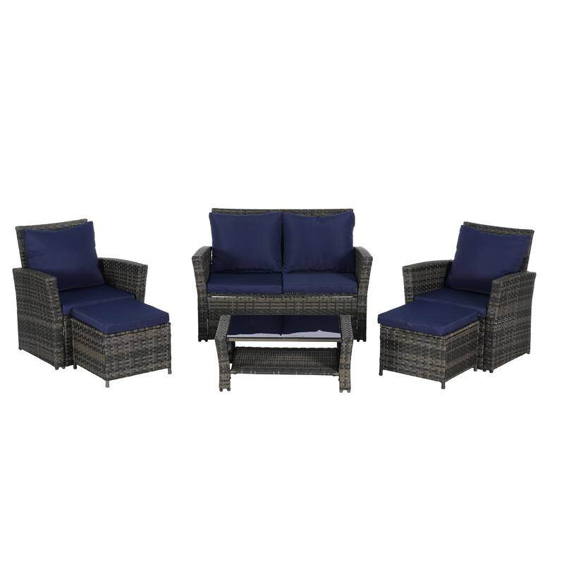 6-Piece Outdoor Patio Rattan Sectional Sofa Set with Glass Table