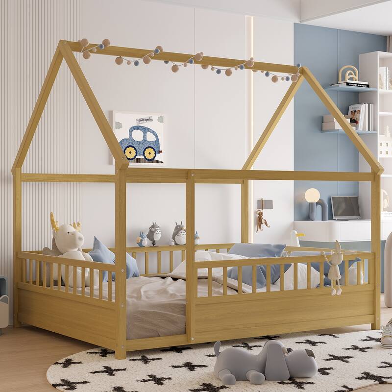 Natural Wooden Montessori Toddler Bed Floor House Bed Frame with Safety High Fence, Open Entran and Roof Design