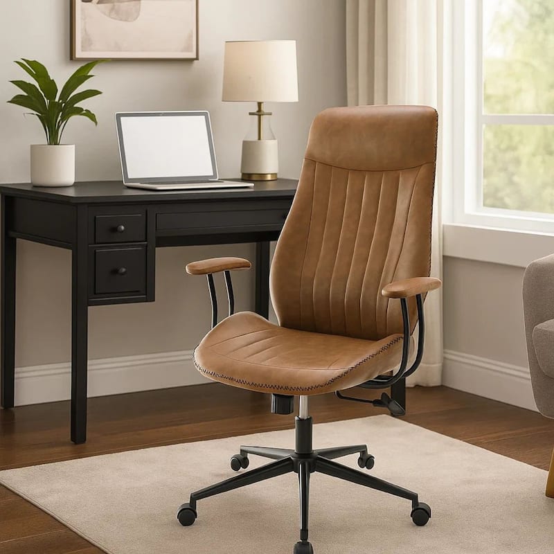 Anie Adjustable Desk Chair, Rolling Base, Brown Tufted Faux Leather