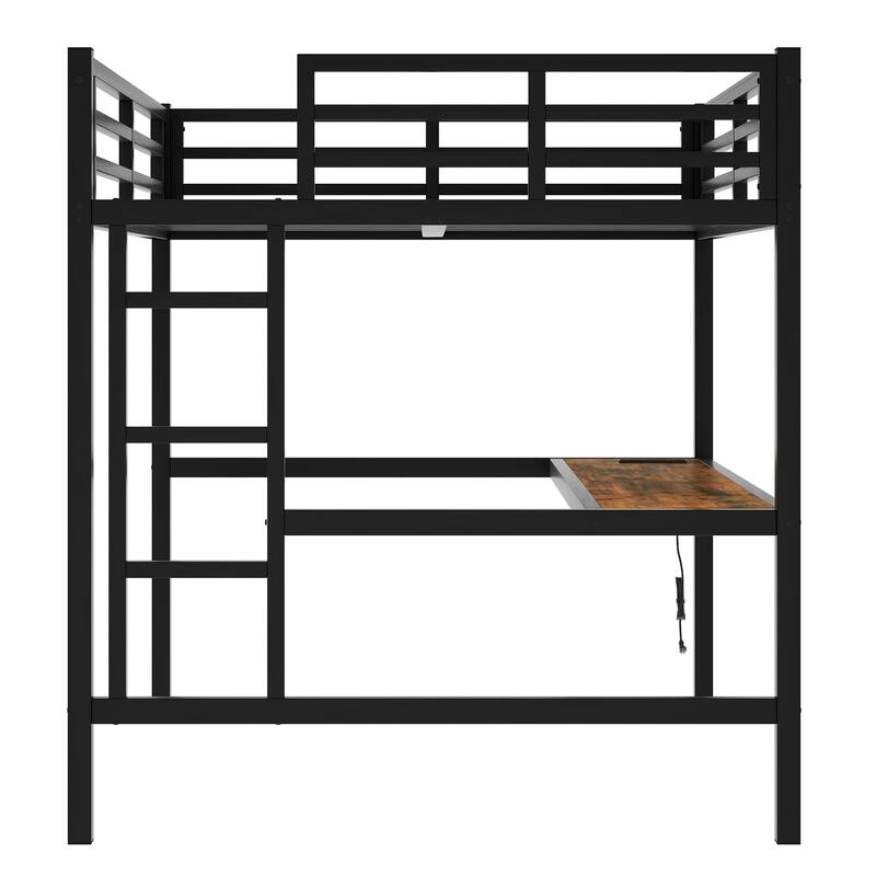 Metal High Loftbed with Power Outlet, LED Lights and Built In Desk