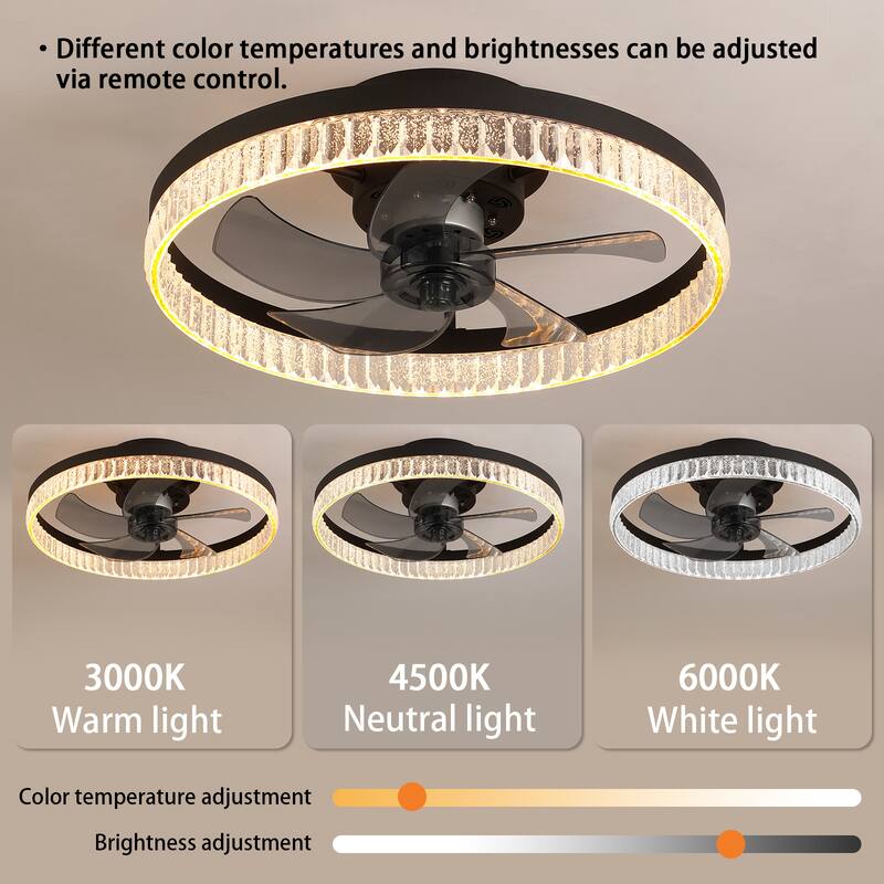 20" Brown Ceiling Fan with LED Light - Modern Flush Mount Fan Light for Bedroom, Living Room
