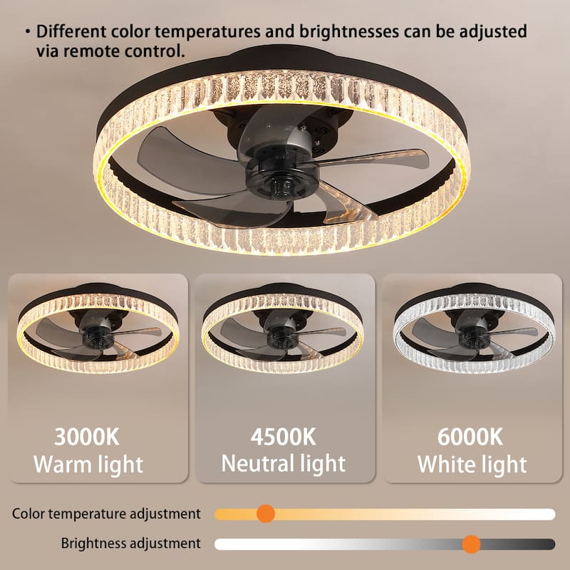 Crystal Ring Design Ceiling Fan with LED Light, 20" Flush Mount Ceiling Fan Fandelier with Remote Control, 6 Speeds
