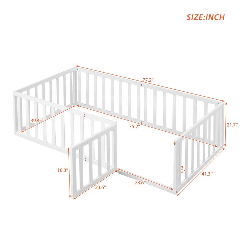 Versatile Wooden Floor Bed Frame without Slats, Solid Pinewood Kids Bed Frame with Fence and Door