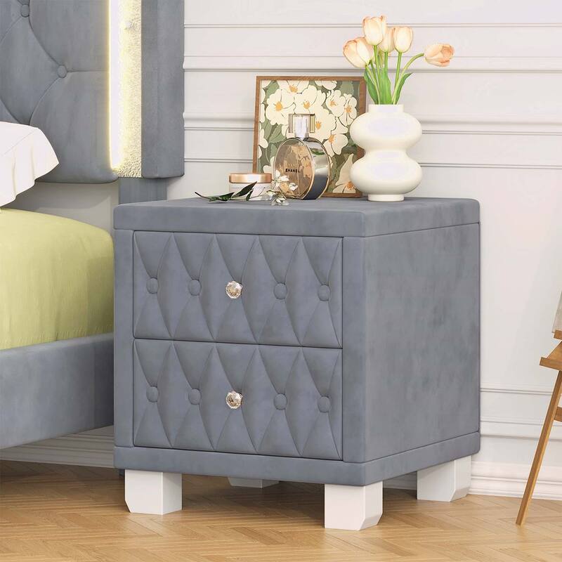 Storage Nightstand Table with Button-Tufted - Grey