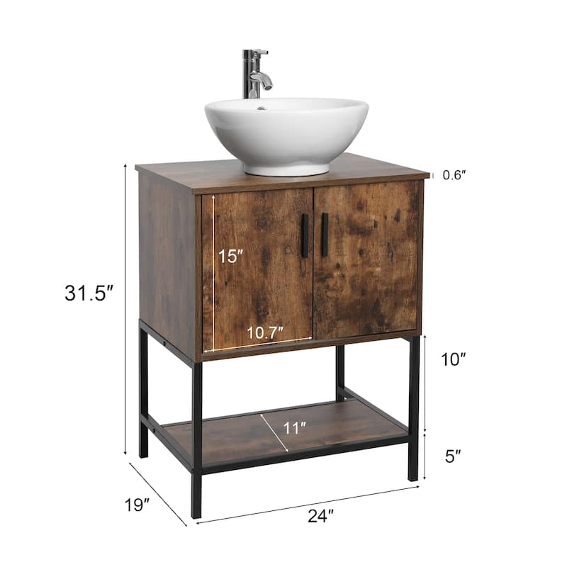 24" Bathroom Vanity Sink Set Brown Free-standing Manufactured Wood with Sink Faucet Drain Combo