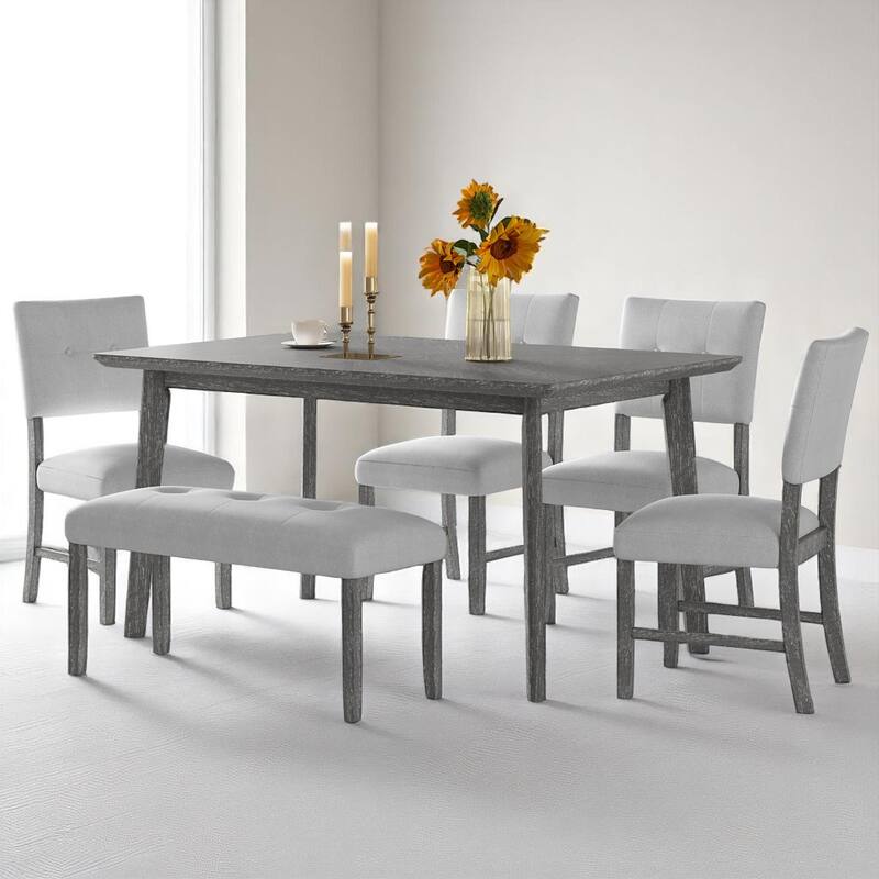 Solid Wood Dining Table Set for 6, Farmhouse Kitchen Table with 4 Upholstered Chairs and Bench, Rustic Finish