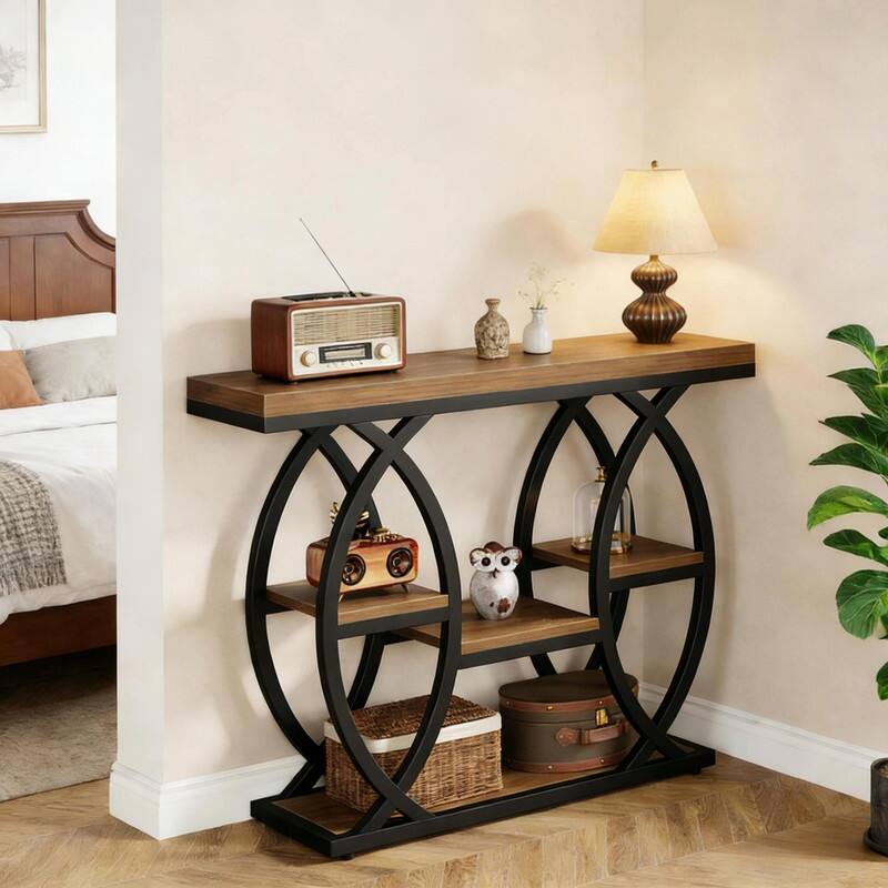 39" Industrial 4-Tier Console Table with Metal Frame and Staggered Shelves