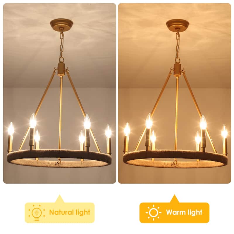 6-Light Rustic Hemp Rope Wagon Wheel Chandelier for Bedroom Foyer Entryway