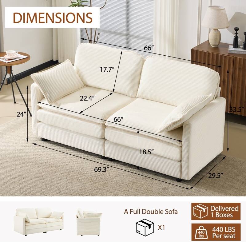 69" Modular 2-Seater Sectional Sofa with 22" Beige Chenille Cushions and 2 Throw Pillows