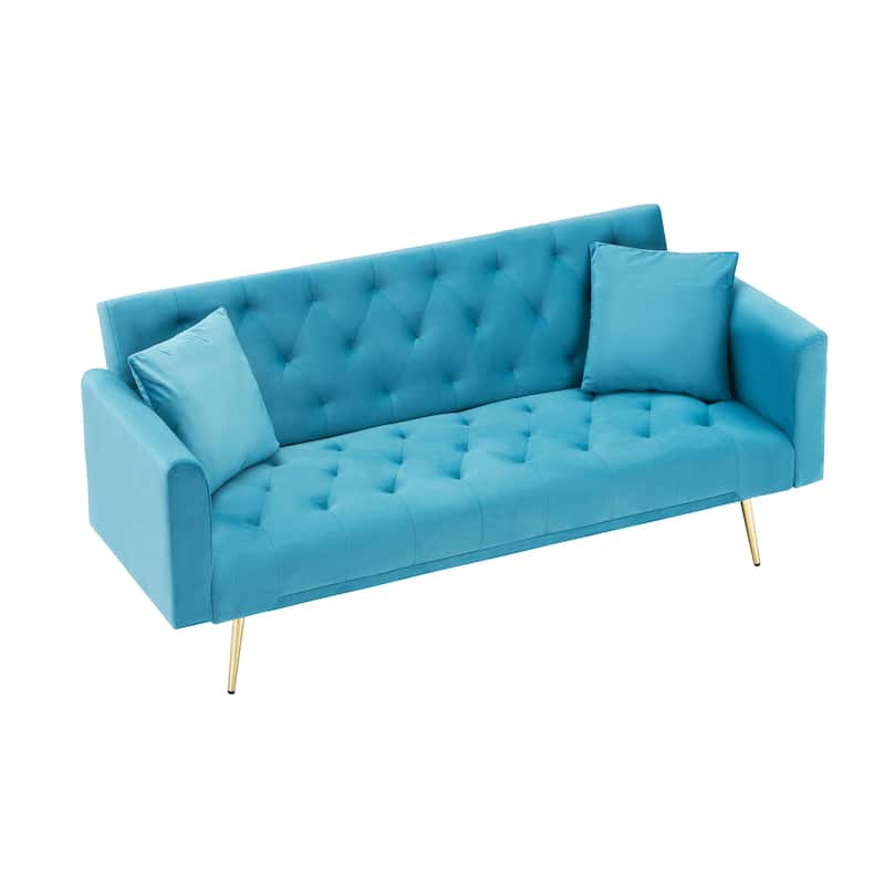 Velvet Loveseat Sofa Adjustable Backrest Sleeper Sofa Bed with 2 Pillow Upholstered Deep Seat Sofa, Tufted Couch