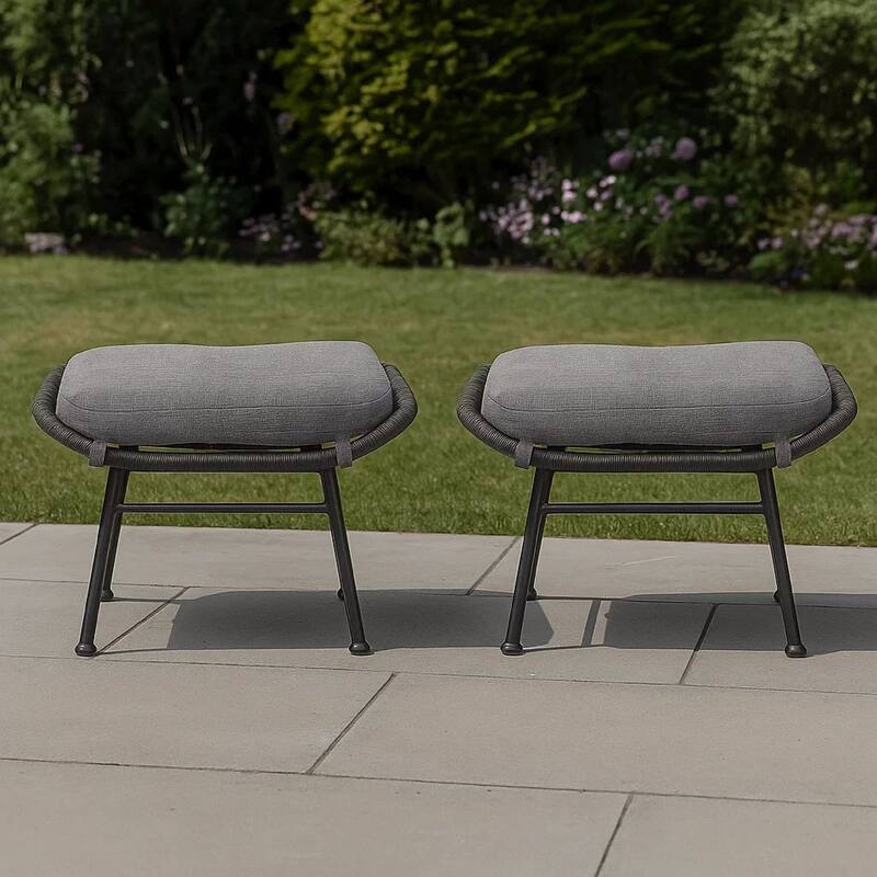 Margo Outdoor Ottoman Set of 2, 24 Inch Black Iron, Gray Cushion