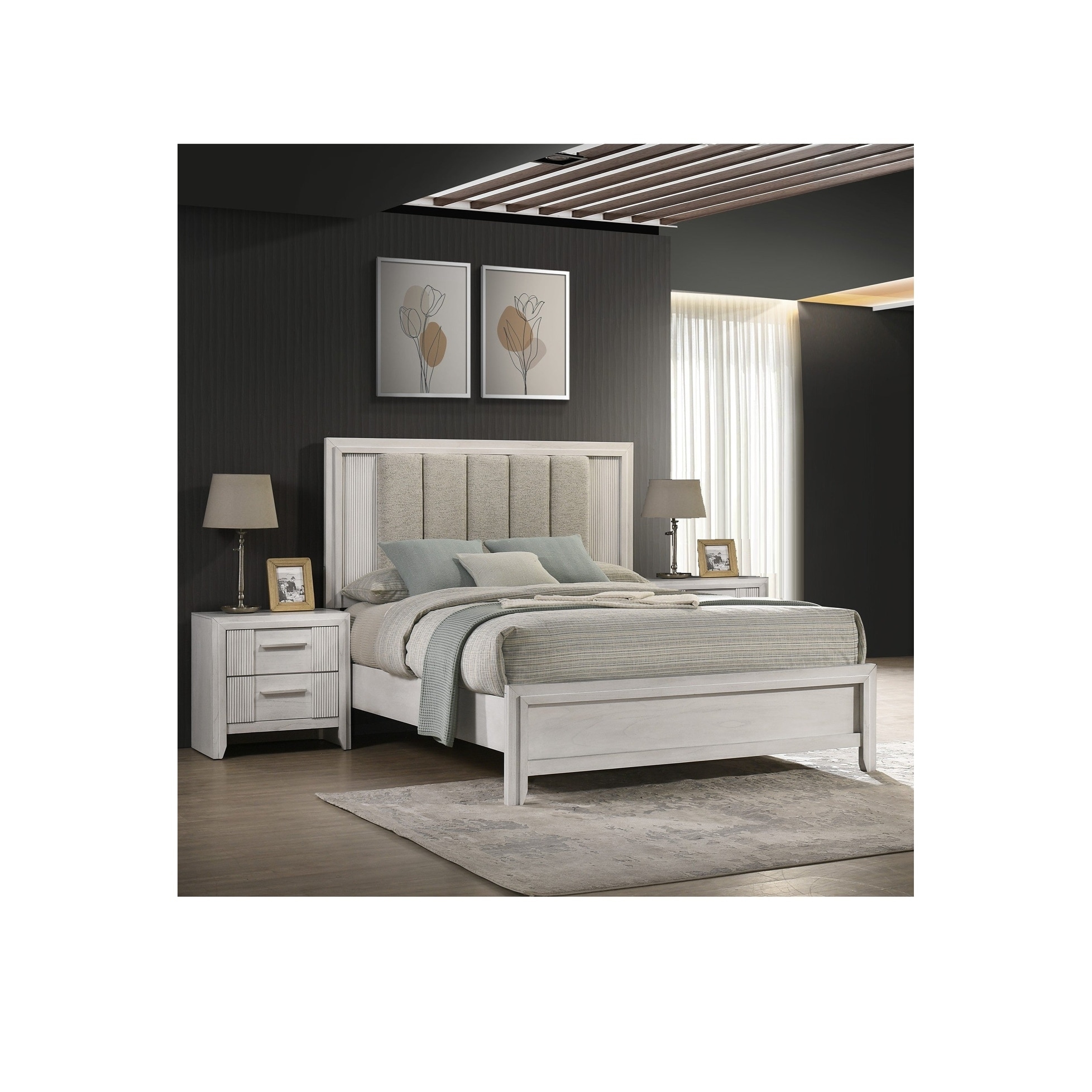 Cream Linear Upholstered Bed 2x Nightstand Set 3pc Bedroom Wooden Furniture
