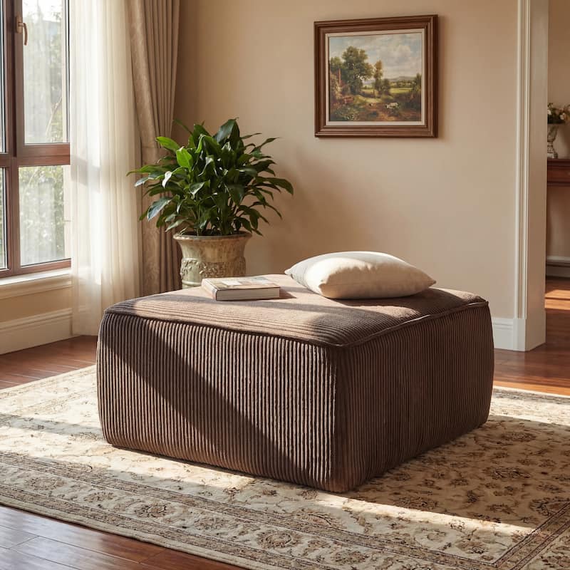 Christopher Knight Home - Modern Upholstered Corduroy Square Ottoman for Living Room with Plush Foam Cushion - Brown