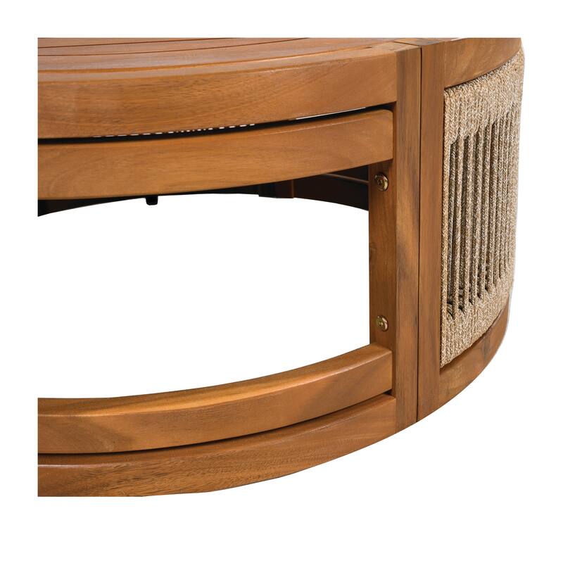 27.95" Acacia Wood Outdoor Coffee Table, Handwoven Rope Accent Boho Patio Table with All-Weather Durability