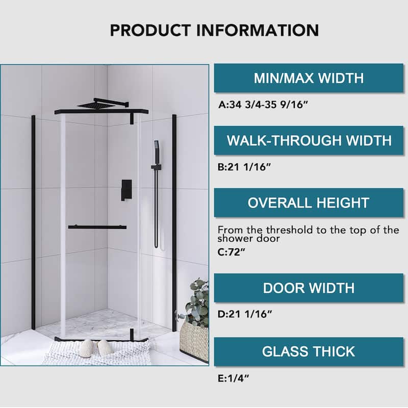 36'' x 72'' Neo-angle Pivot Semi-Frameless Corner Shower Enclosure