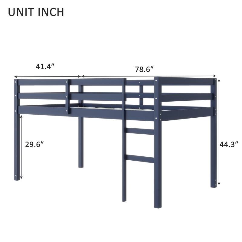 Solid Wood Twin Loft Bed with Ladder, Rubber Wood Frame Low Height Design with Guard Rails and Storage Space
