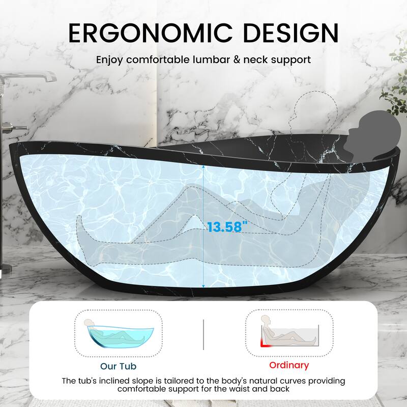 63 in. x 37 in. Solid Surface Freestanding Soaking Bathtub in Matte Black with Royal Misty Marble Pattern, Center Drain