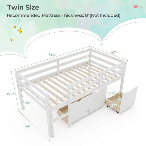 dimension image slide 1 of 2, Costway Twin Size Low Loft Bed with 3 Drawers Ladder & Full-length