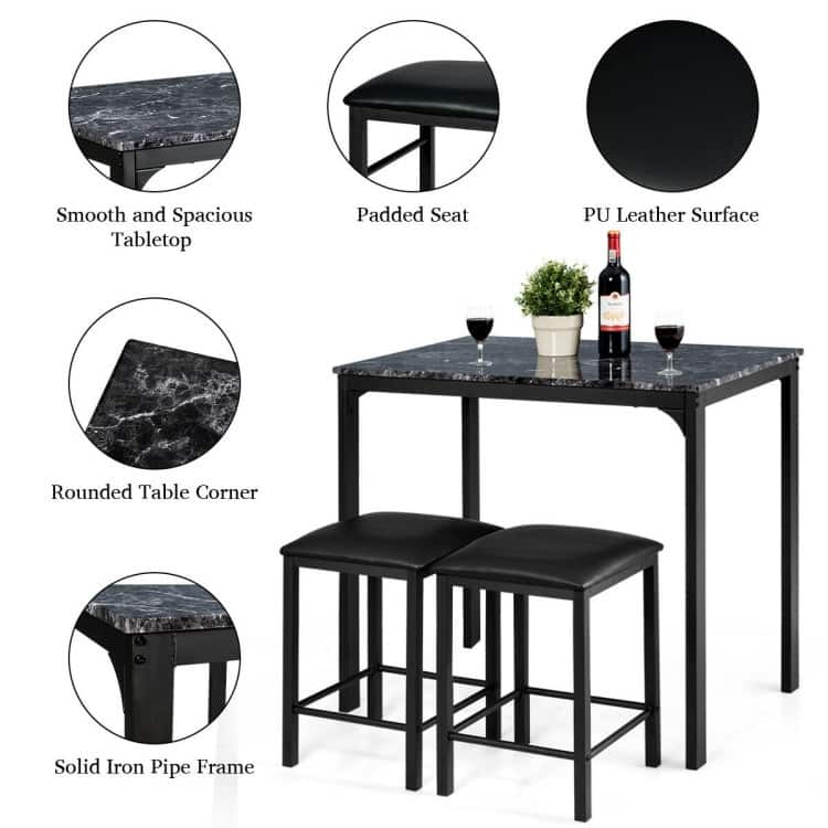 3 Piece Counter Height Dining Set Faux Marble Table