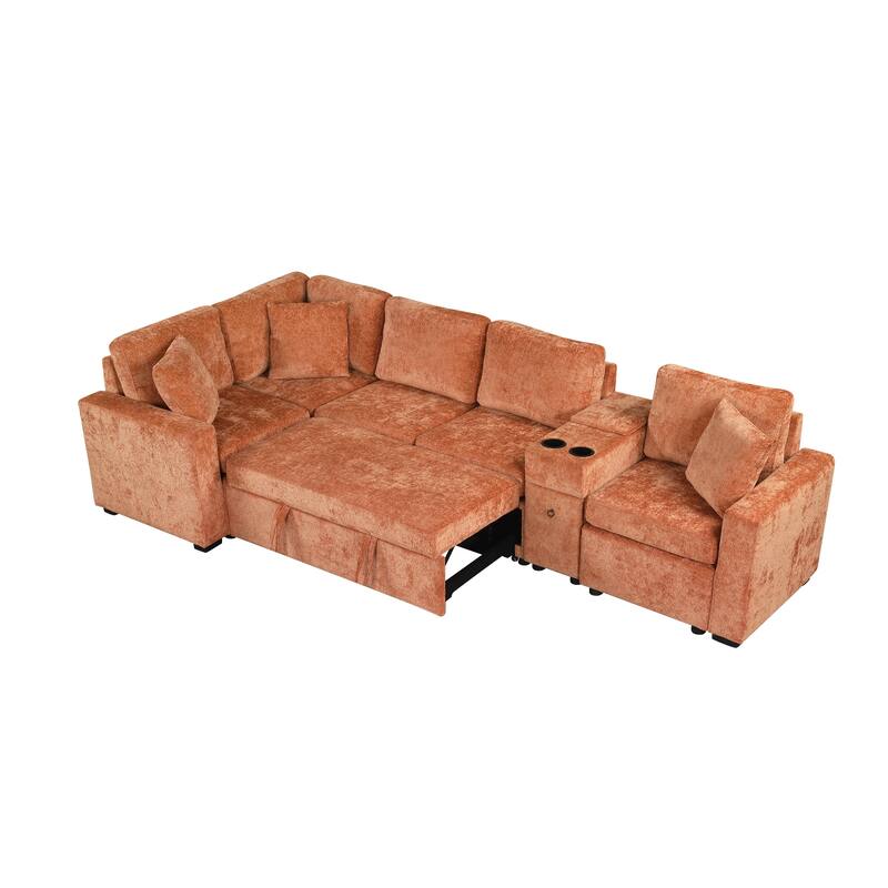 120.5" L-shaped Convertible Sofa Bed, Orange Chenille