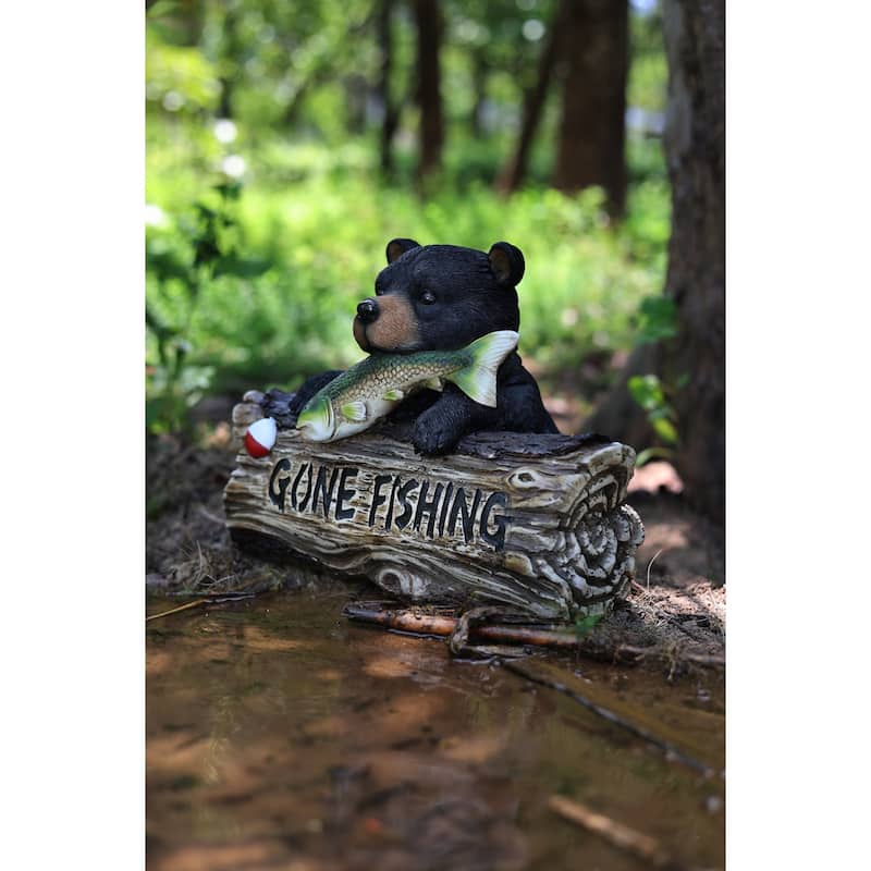Bear with Gone Fishing Sign Outdoor Garden Statue - 12.25"