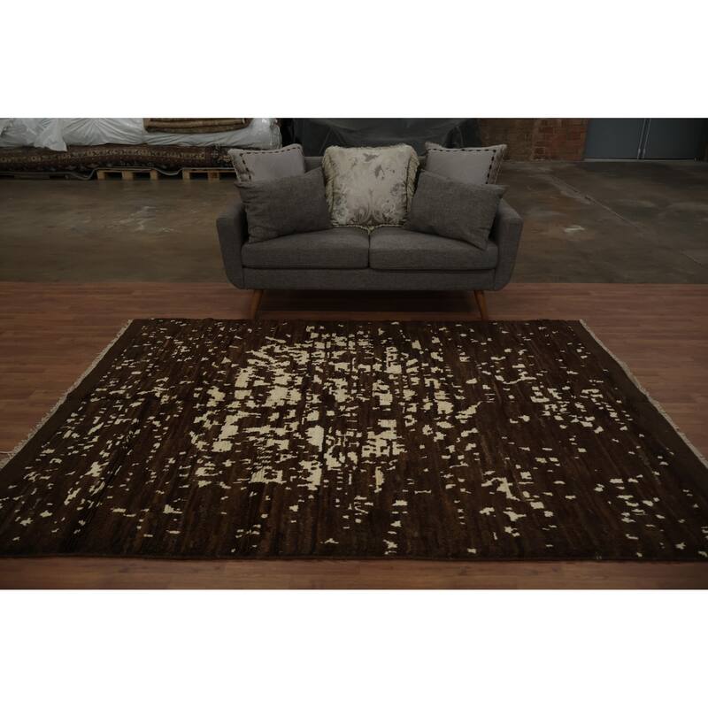 Hand Knotted Oriental 100% Wool Carpet Tribal Abstract Brown Moroccan Area Rug - 8' 7'' X 6' 0''