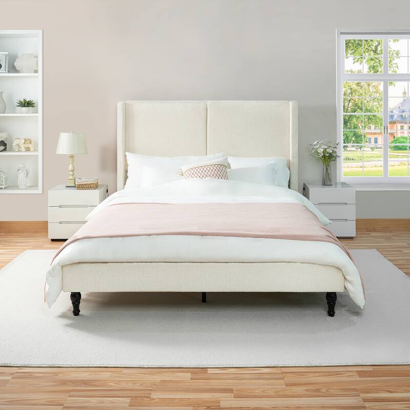 Queen Size Bed Frame with 55.5"High Back Upholstered Boucle Fabric Headboard