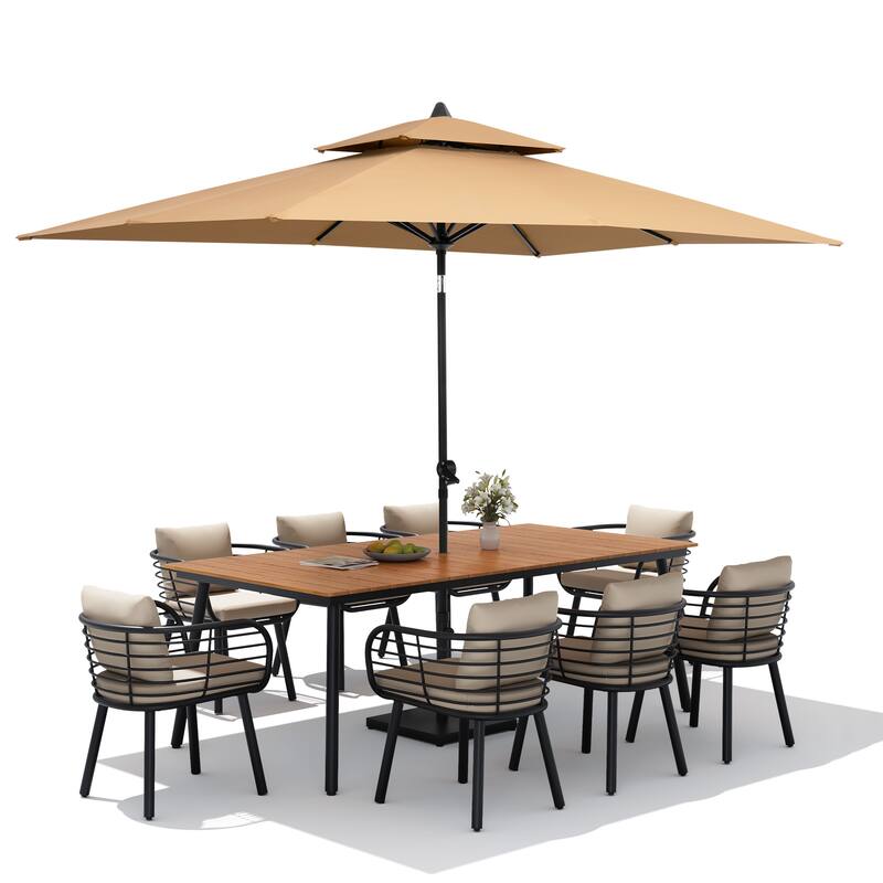 11PC Outdoor Patio Dining Set Aluminum Table with Sunbrella Cushion Chairs w/ Market Umbrella Sets