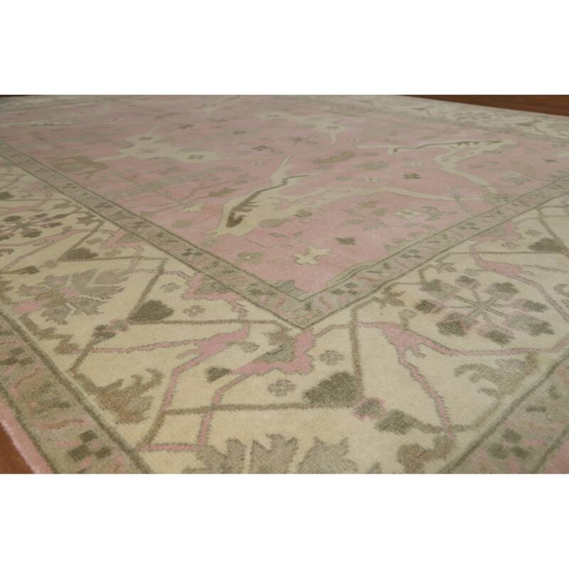 Pink Oushak Indian Area Rug Hand-Knotted Wool Carpet - 9'11" x 13'0" - Pink - 9'11" x 13'0"