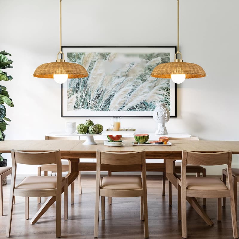 1-Light Modern Farmhouse Dome Straw Hat Hand Woven Chandelier with Natural Rattan Shade - Brass - 18.11" W × 9.06" H