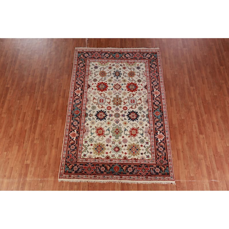 Hand Knotted Oriental 100% Wool Carpet Transitional Geometric Beige & Ivories Oushak Area Rug - 9' 1'' X 5' 11''