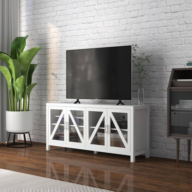 Farmhouse TV Stand for TVs up to 58" with Adjustable Shelves, 4 Glass Doors, Cable Management, and Anti-Tip Safety