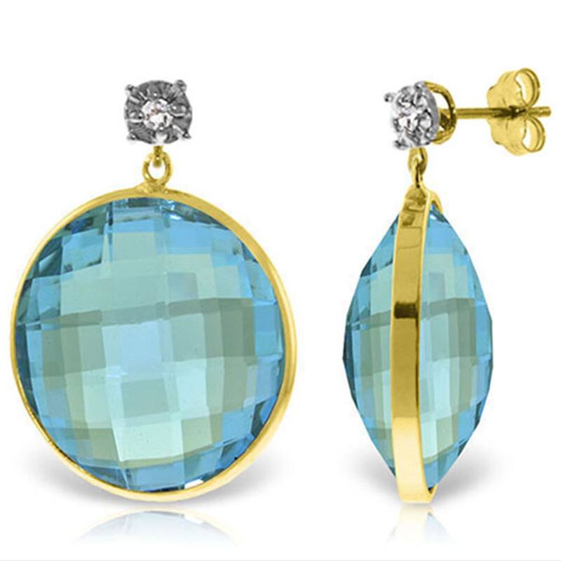 14K Solid Gold Diamonds Stud Earrings w/ Round Cut Round Blue Topaz - Yellow