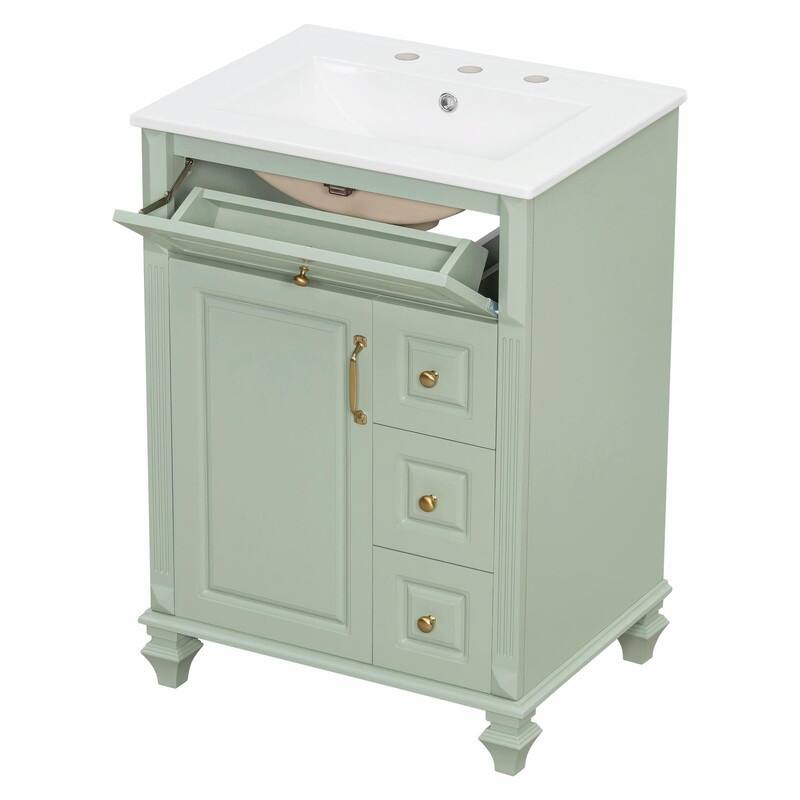 24" Bathroom Vanity with Sink, Freestanding Vanity Cabinet with Flip-Out Drawer, 3 Drawers, Ceramic Top