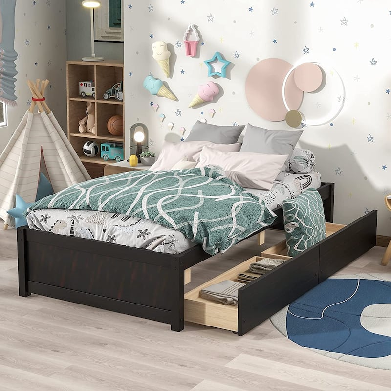 Twin Platform Bed Frame with 2 Storage Drawers, Wood Twin Bed Frames for Kids Toddler Girls Boys