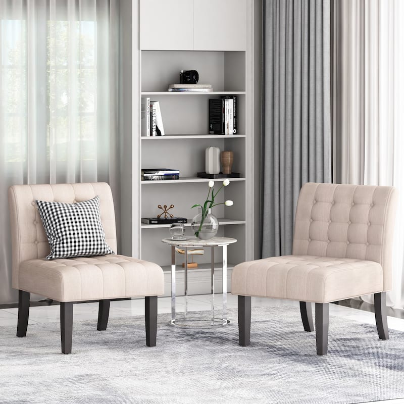 Beige Modern 23" Button Tufted Accent Chairs with Wood Legs for Living Room (Set of 2) - Beige