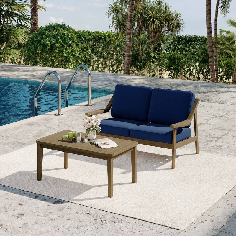 2-piece Brown/ Black Teak Cushioned Patio Loveseat Set with Coffee Table