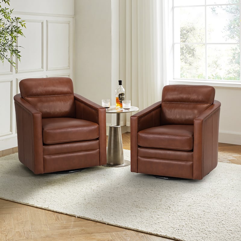 Jorge 28.74" Wide Traditional Genuine Leather Swivel Chair with Removable Seat Cushion and No Assembly Needed Set of 2 - BROWN