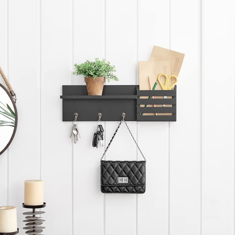 Danya B. Utility Entryway Shelf with Pocket and Hanging Hooks - Black