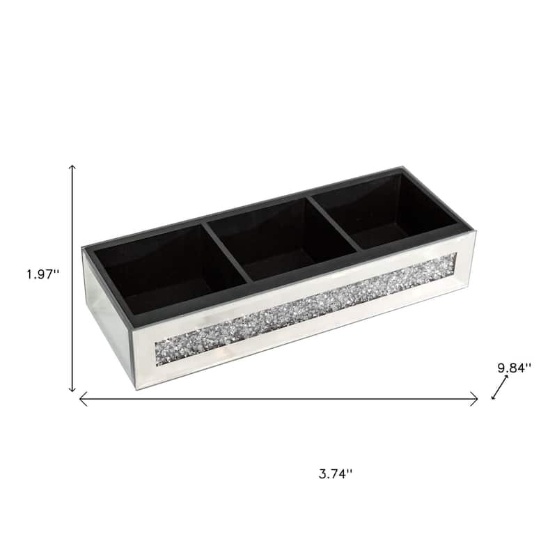Set Of Two Silver Mirrored Glass Three Section Jewelry Organizers With Faux Crystals