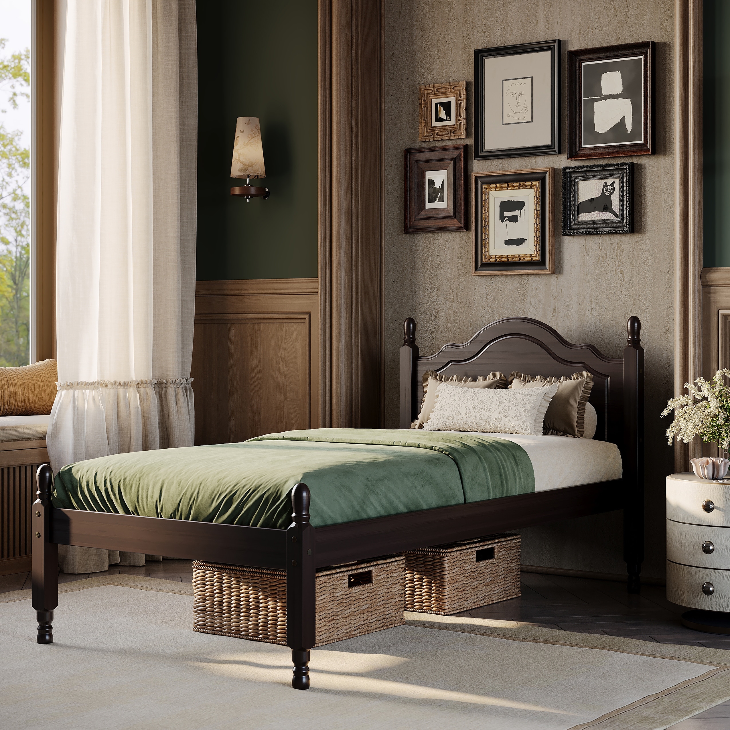 100% Solid Wood Reston Twin Size Panel Headboard Platform Bed by Palace Imports