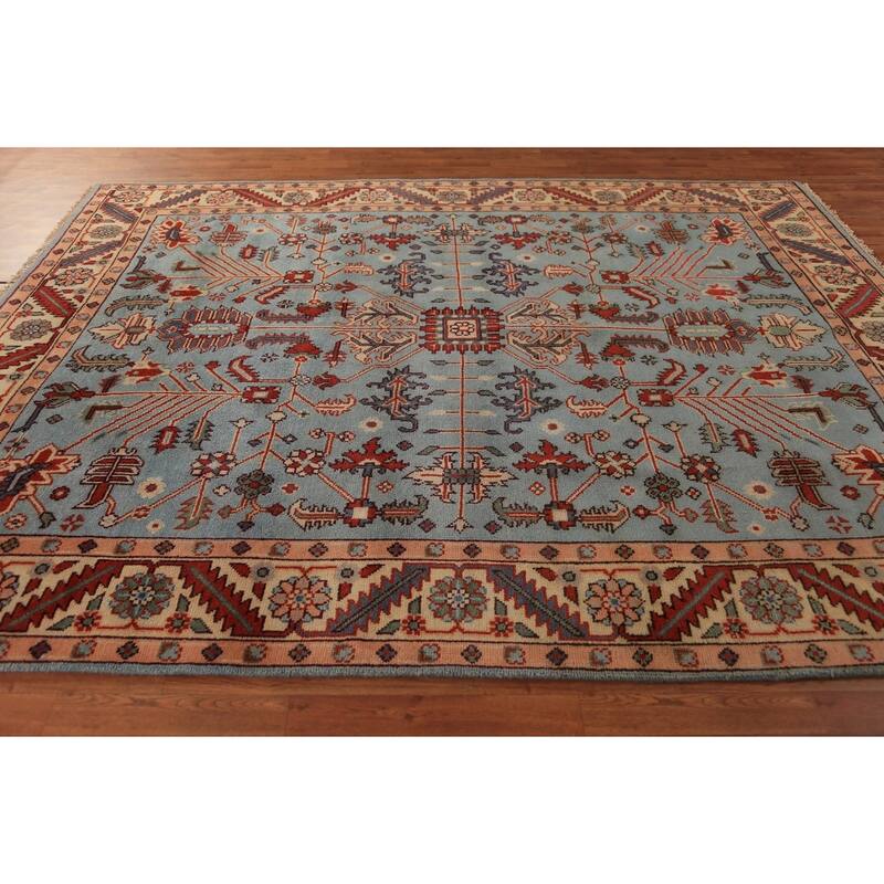 Light Blue Geometric Kazak Indian Area Rug Hand-Knotted Wool Carpet - 8'0"x 10'1"