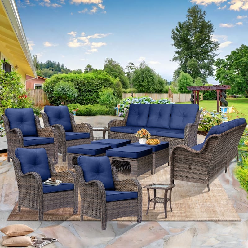 Wicker Outdoor Patio Conversation Deep Seating Sofa Sets with Cushions - 12 Piece - Navy Blue