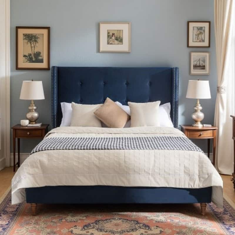 Velvet Queen Size Bed Frame with 54" Tufted Wingback Headboard, Nailhead Trim, Solid Wood Legs, Metal Support Frame - King Blue - King